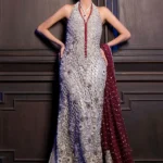 Silver Grey Maroon-Accented Bridal Gown