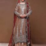 Brown Tissue Shirt with Banarsi Sharara and Scarlet Dupatta Ensemble