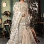 Tan Tissue Shirt with Khaki Banarsi Sharara and Offwhite Organza Dupatta Ensemble