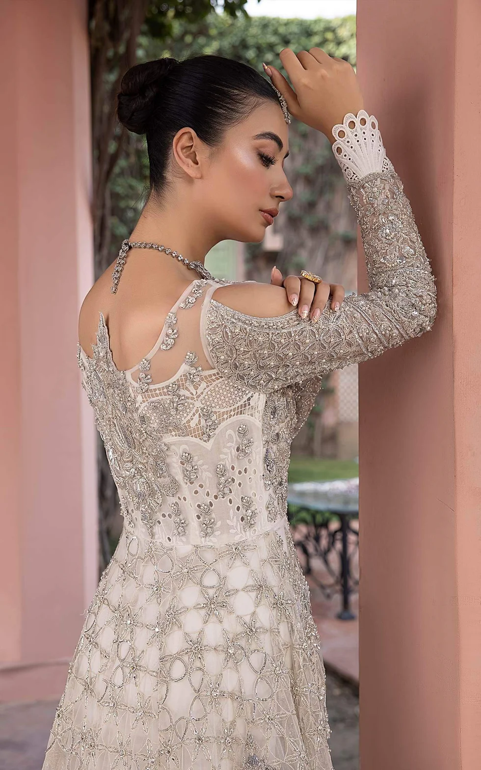 Elegant Silver Embellished Trail Frock Set - Image 4