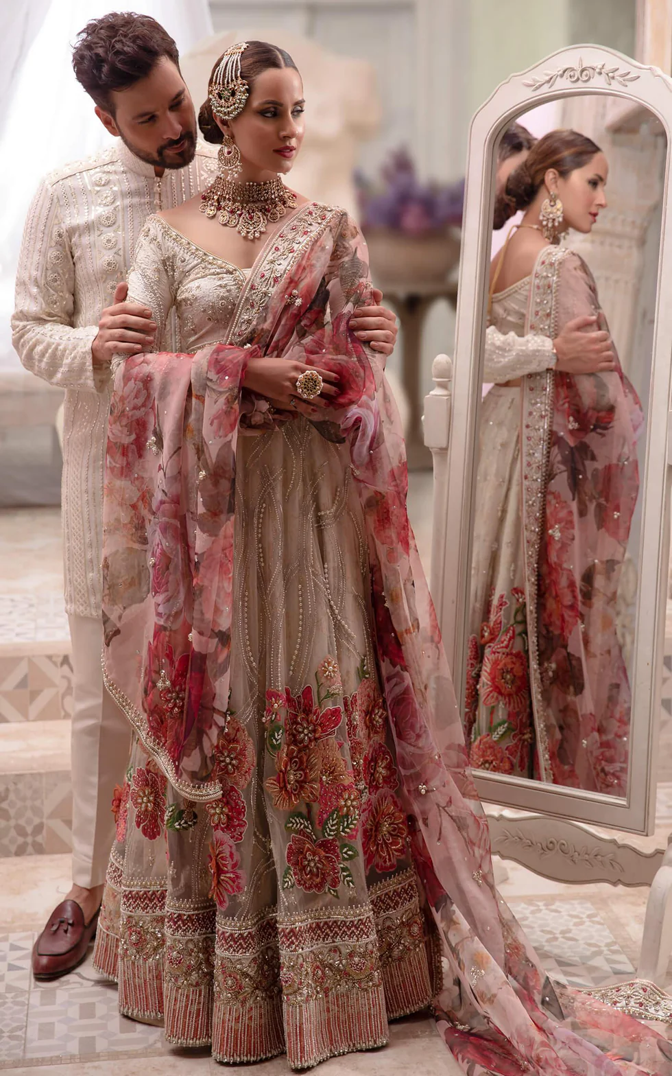 Blossom Ivory and Rouge Bridal Lehenga Ensemble - Image 3