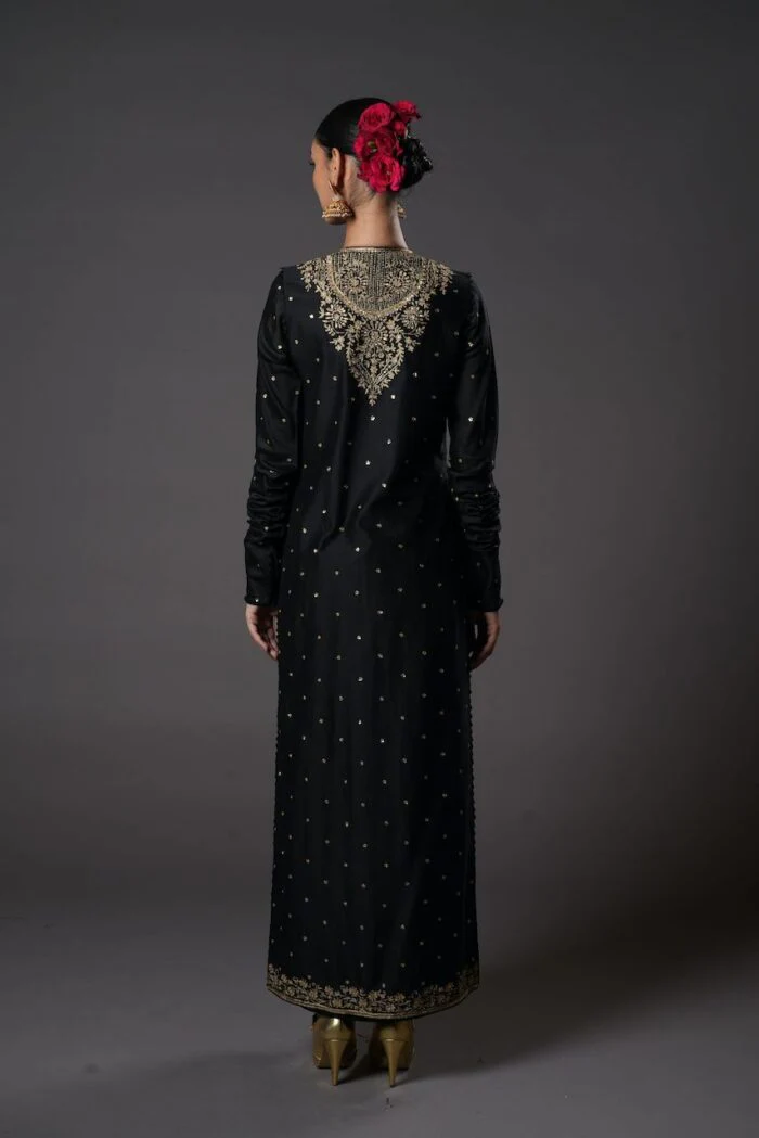 Black Chanderi Silk Embroidered Kurta Set - Image 7