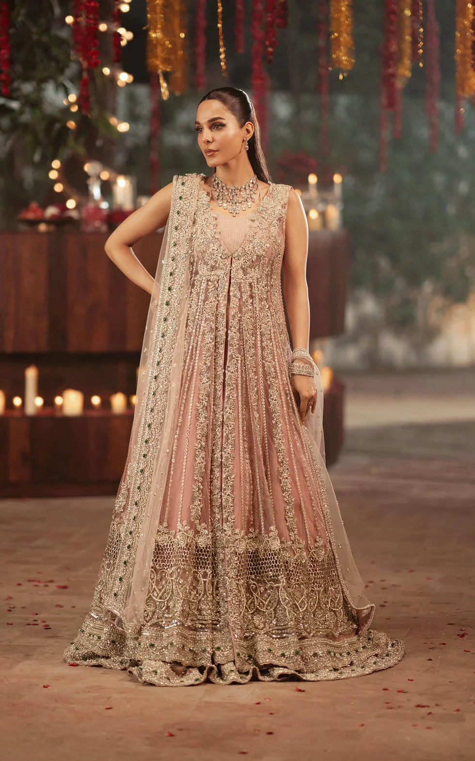 Blush Pink Embellished Net Gown Ensemble - Image 3