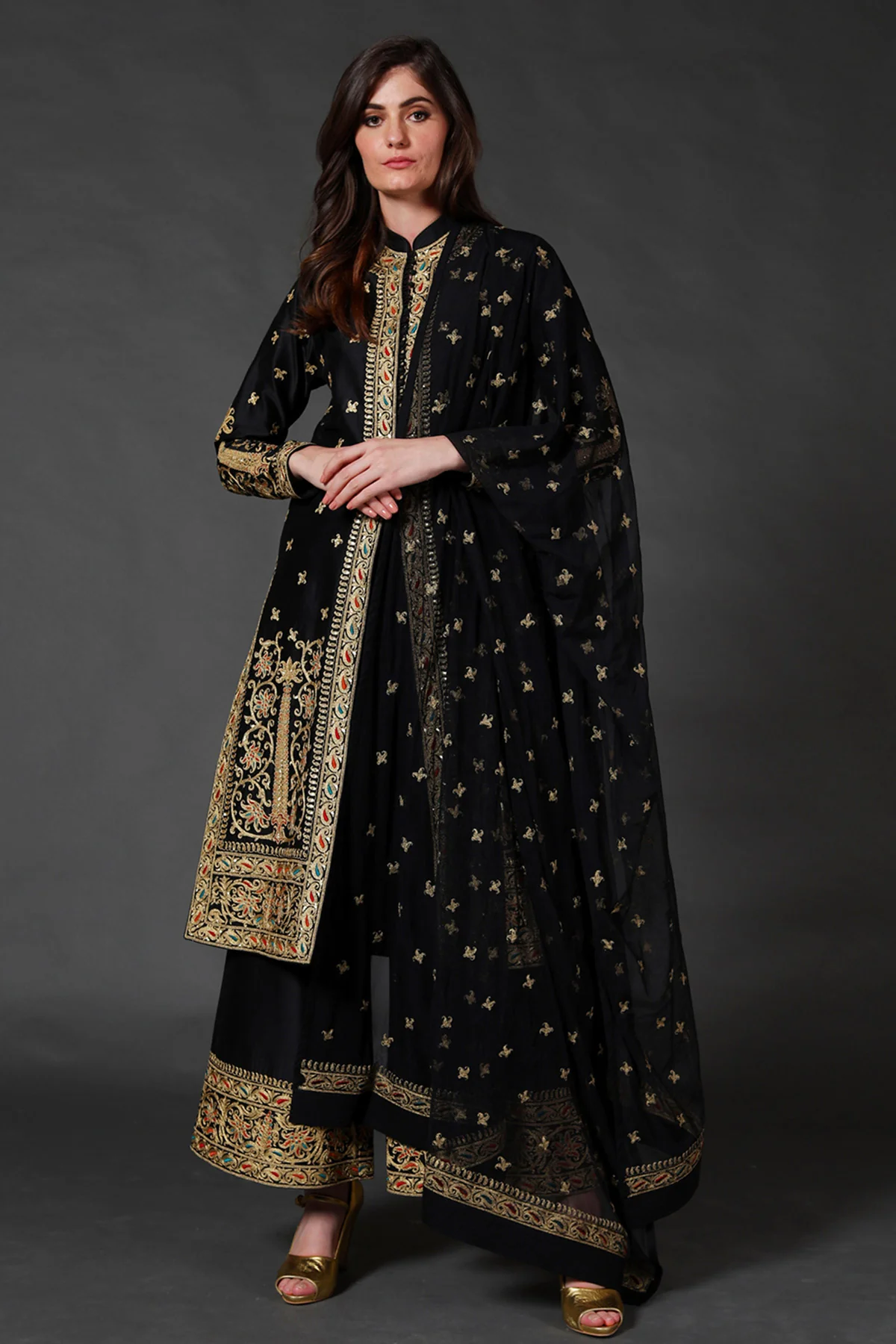 Black Chanderi Embroidered Kurta Set