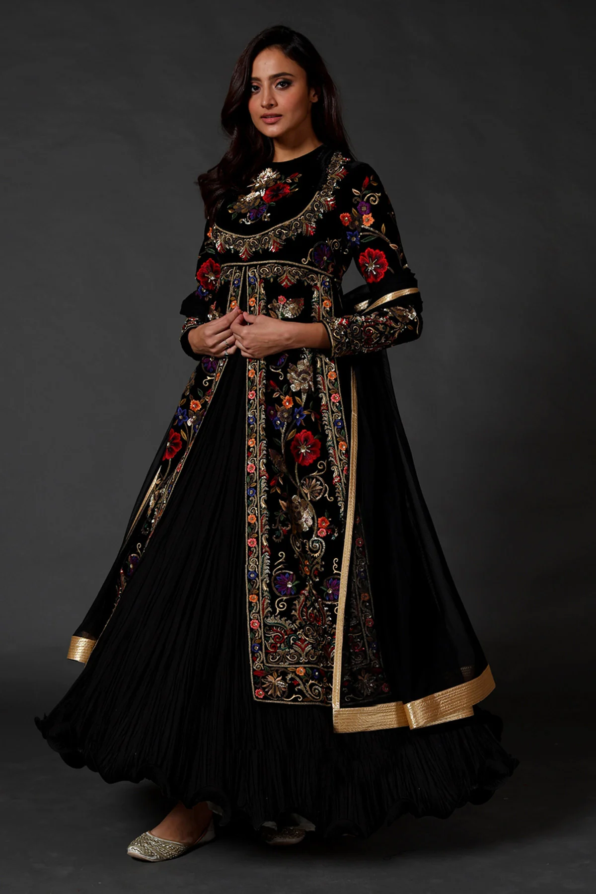 Black Chanderi Embroidered Slit Anarkali Set