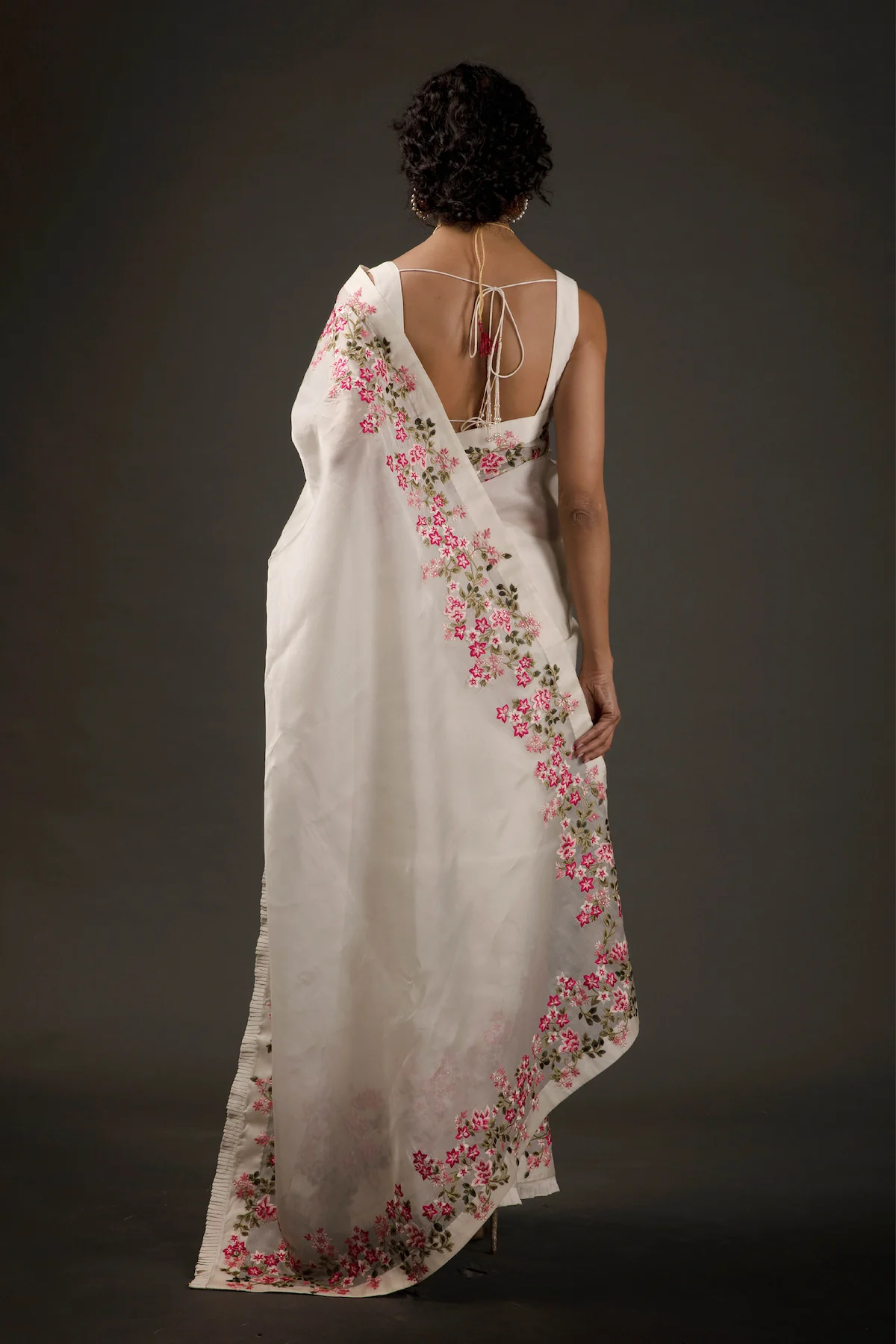 Ivory Organza Embroidered Saree Set - Image 2