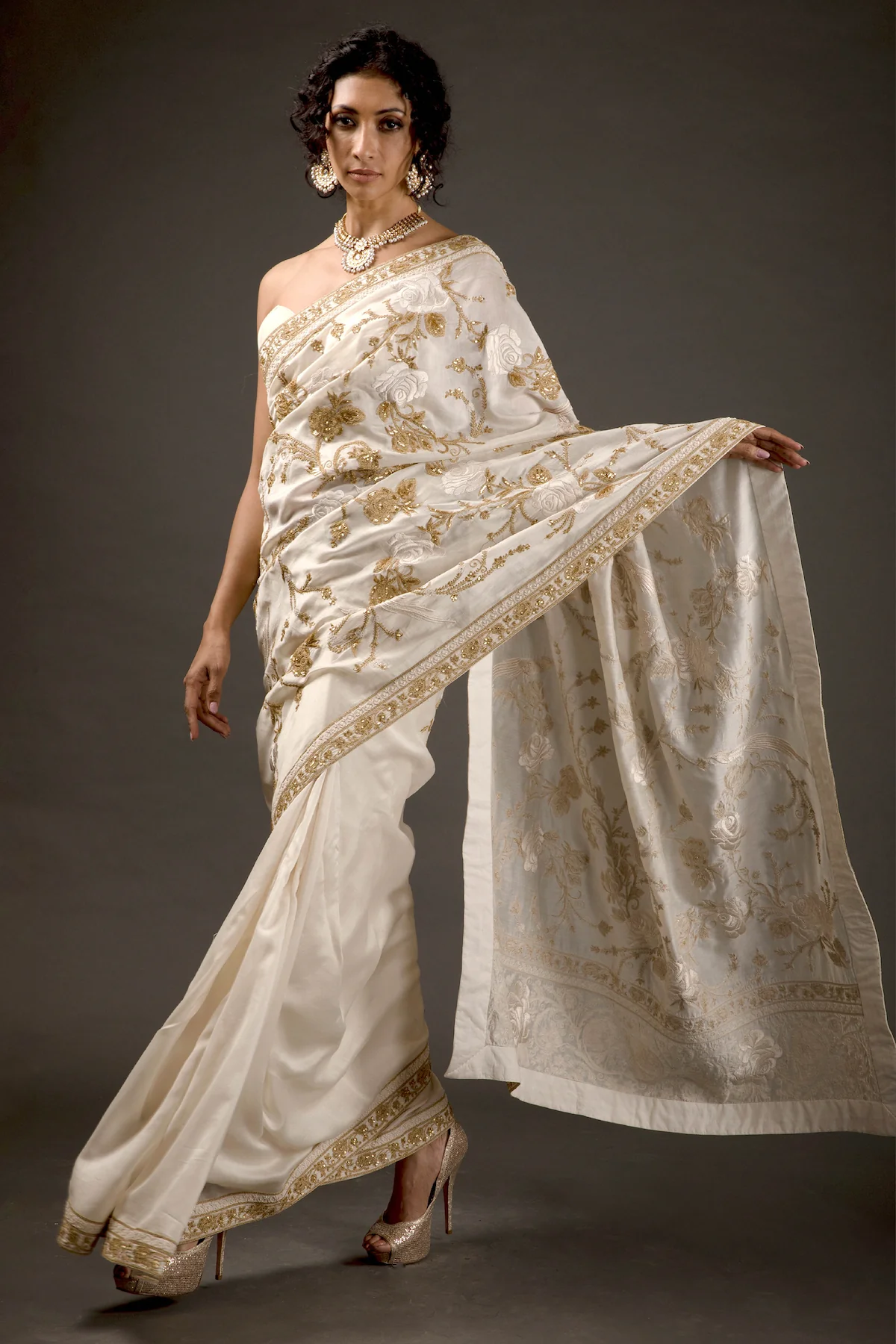 Ivory Chanderi Silk Embroidered Saree Set
