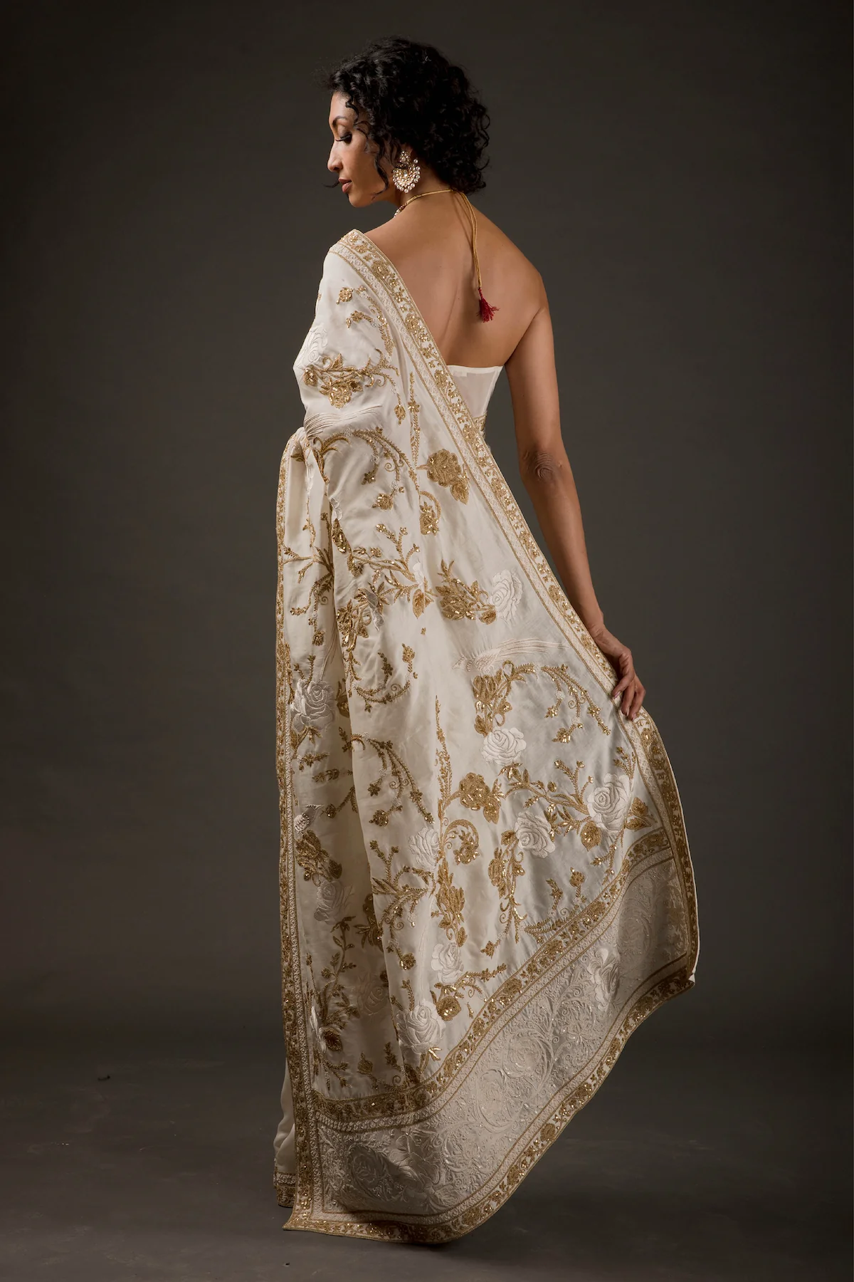Ivory Chanderi Silk Embroidered Saree Set - Image 2