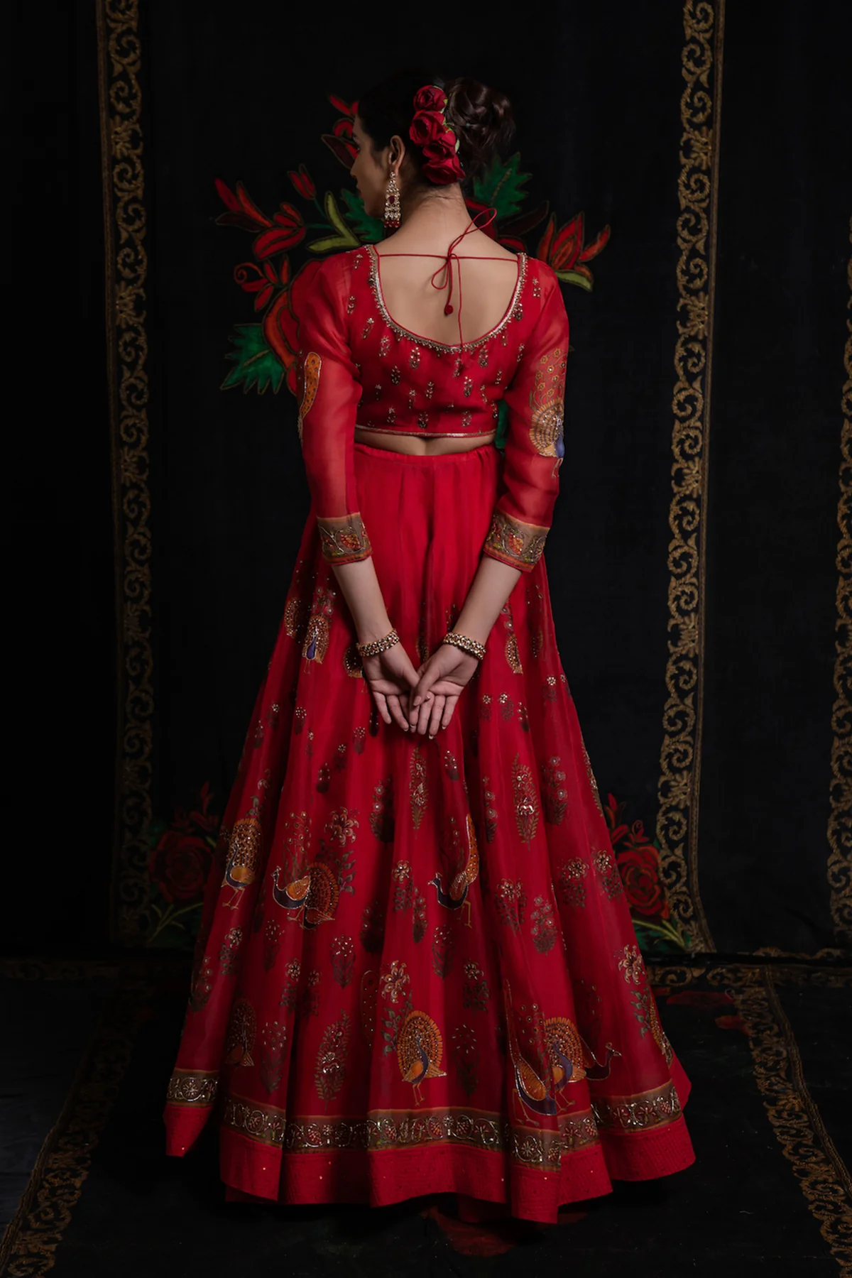 Red Organza Digital Print Embroidered Lehenga Set - Image 2