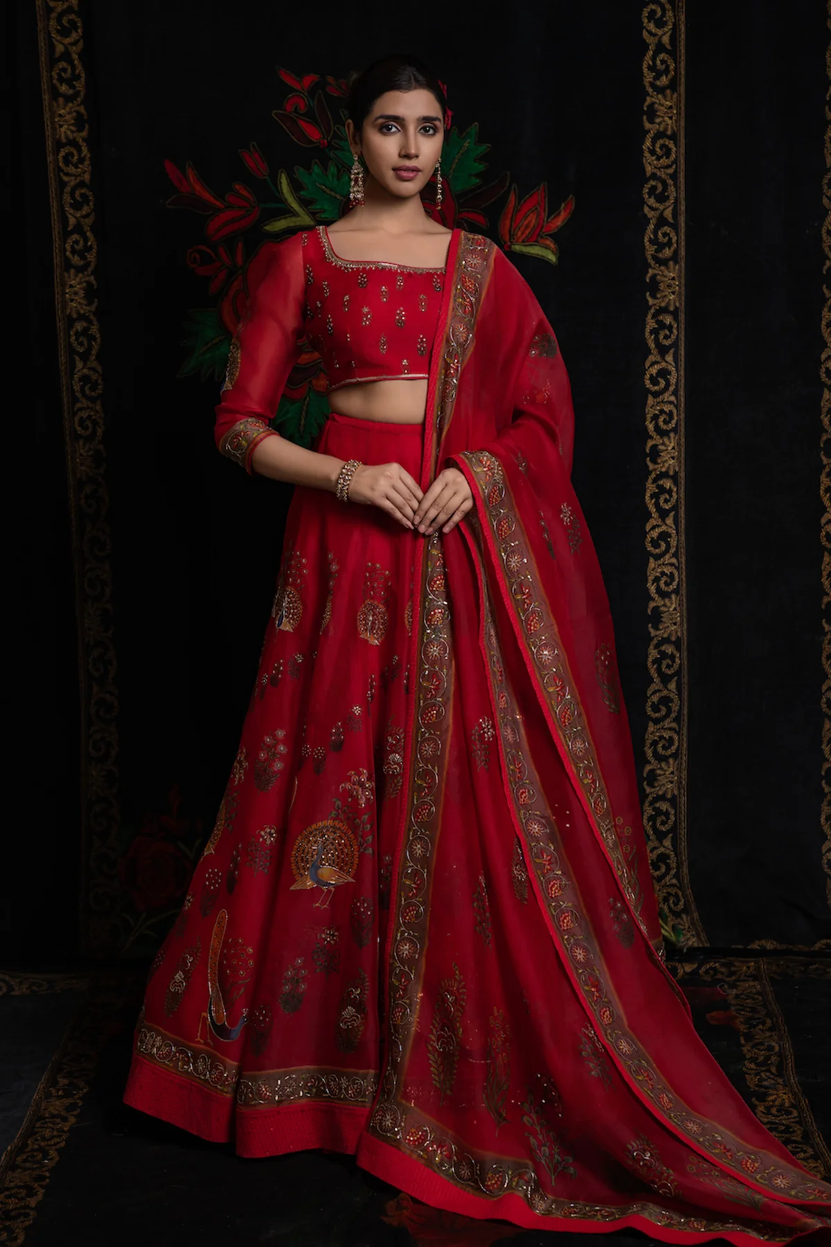 Red Organza Digital Print Embroidered Lehenga Set