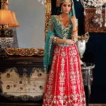 Orange-Red Teal Mughal Embroidered Lehenga Set