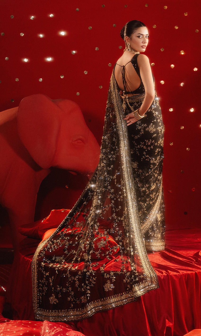 Golden Embellished Net Saree Ensemble - Image 4