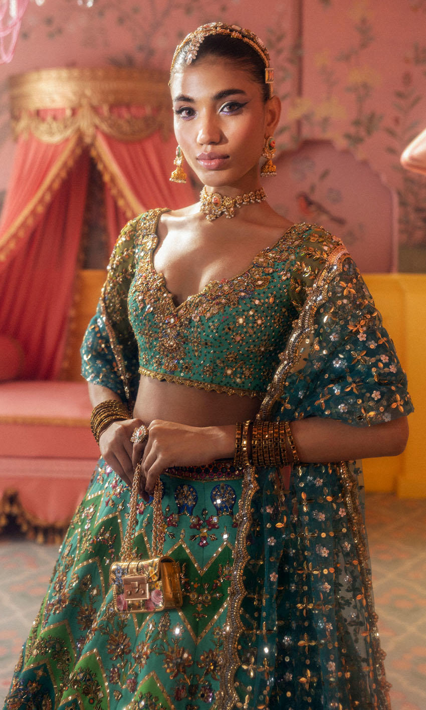 Turquoise and Gold Chevron Lehenga Set - Image 6