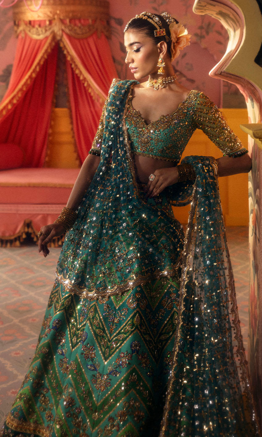 Turquoise and Gold Chevron Lehenga Set - Image 4