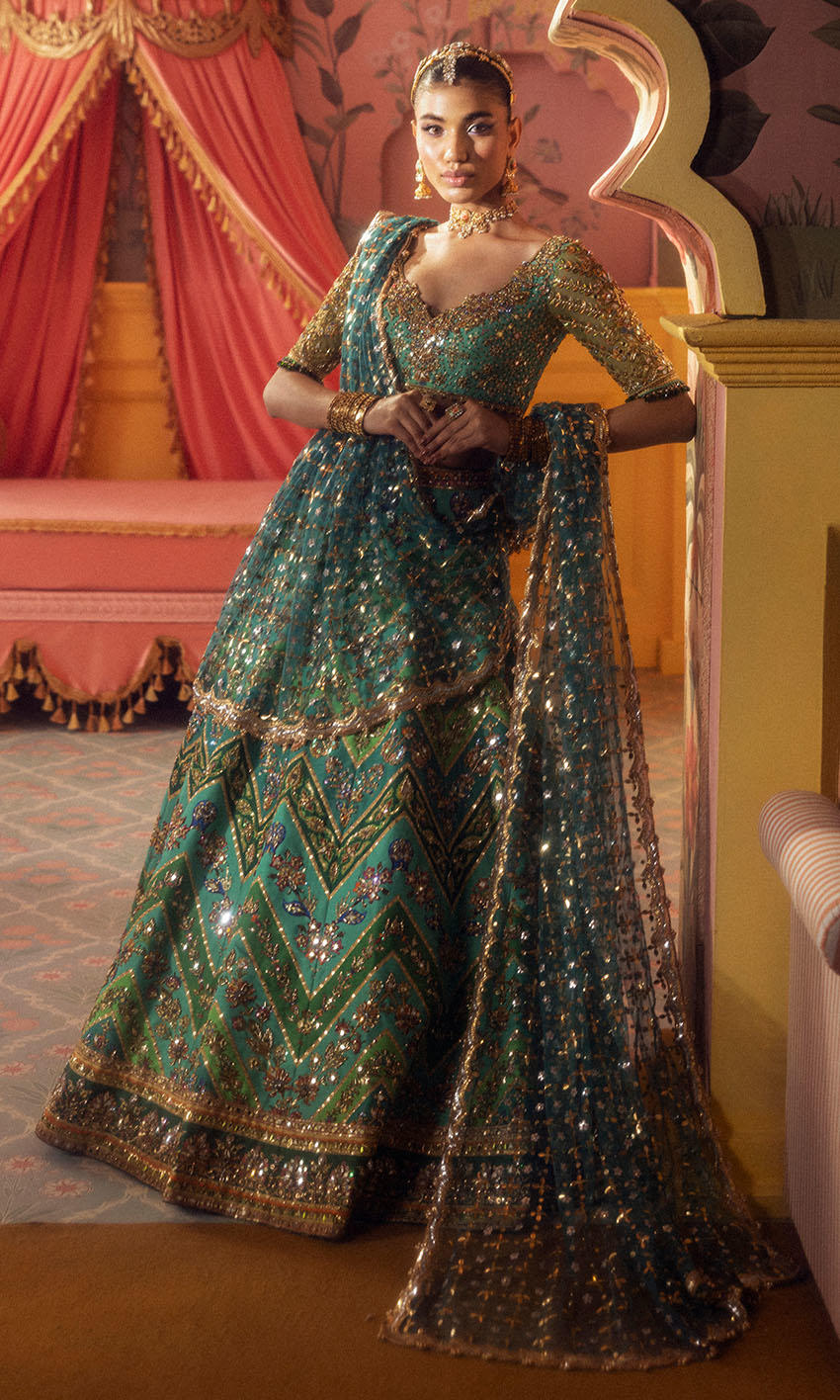 Turquoise and Gold Chevron Lehenga Set - Image 3