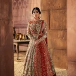 Red Turtle Neck Bridal Gown with Gold & Silver Embellishments