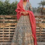 Grey Multi Gown with Pink Net Dupatta Pakistani Bridal Dress