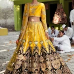 Yellow & Black Raw Silk Bridal Lehenga Choli with Gota Work
