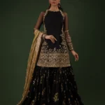 Black Organza Zardozi Shirt with Foil Gharara & Olive Tissue Dupatta