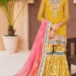 Exquisite Farshi Gharara Mehndi Dress with Embroidered Kameez and Pink Net Dupatta