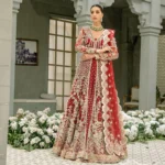 Cherry Red Pakistani Bridal Lehenga with Front-Open Gown