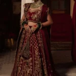 Deep Red Pakistani Bridal Lehenga Choli with Handcrafted Embellishments