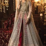 White & Red Embellished Pakistani Bridal Gown with Sheer Net Dupatta