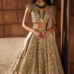 Champagne Net Bridal Gown with Elaborate Copper-Gold Embellishments
