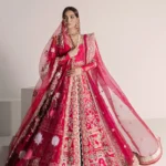 Vermillion Pink Raw Silk Bridal Pishwas with Embellished Lehenga
