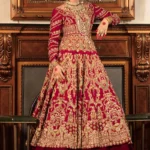 Deep Red Raw Silk Bridal Pishwas with Velvet Lehenga