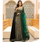 Emerald Majesty Pakistani Bridal Pishwas with Lehenga & Embellished Dupatta