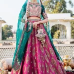 Green and Pink Handcrafted Raw Silk and Banarsi Bridal Lehenga Set