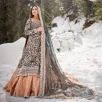 Exquisite Green and Coral Bridal Long Kameez Lehenga with Dupatta