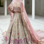 Pastel Pink Long Tail Lehenga Choli with Embellished Dupatta – Bridal Elegance