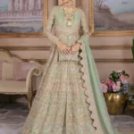 Mint Green Pakistani Bridal Gown with Lehenga and Organza Dupatta