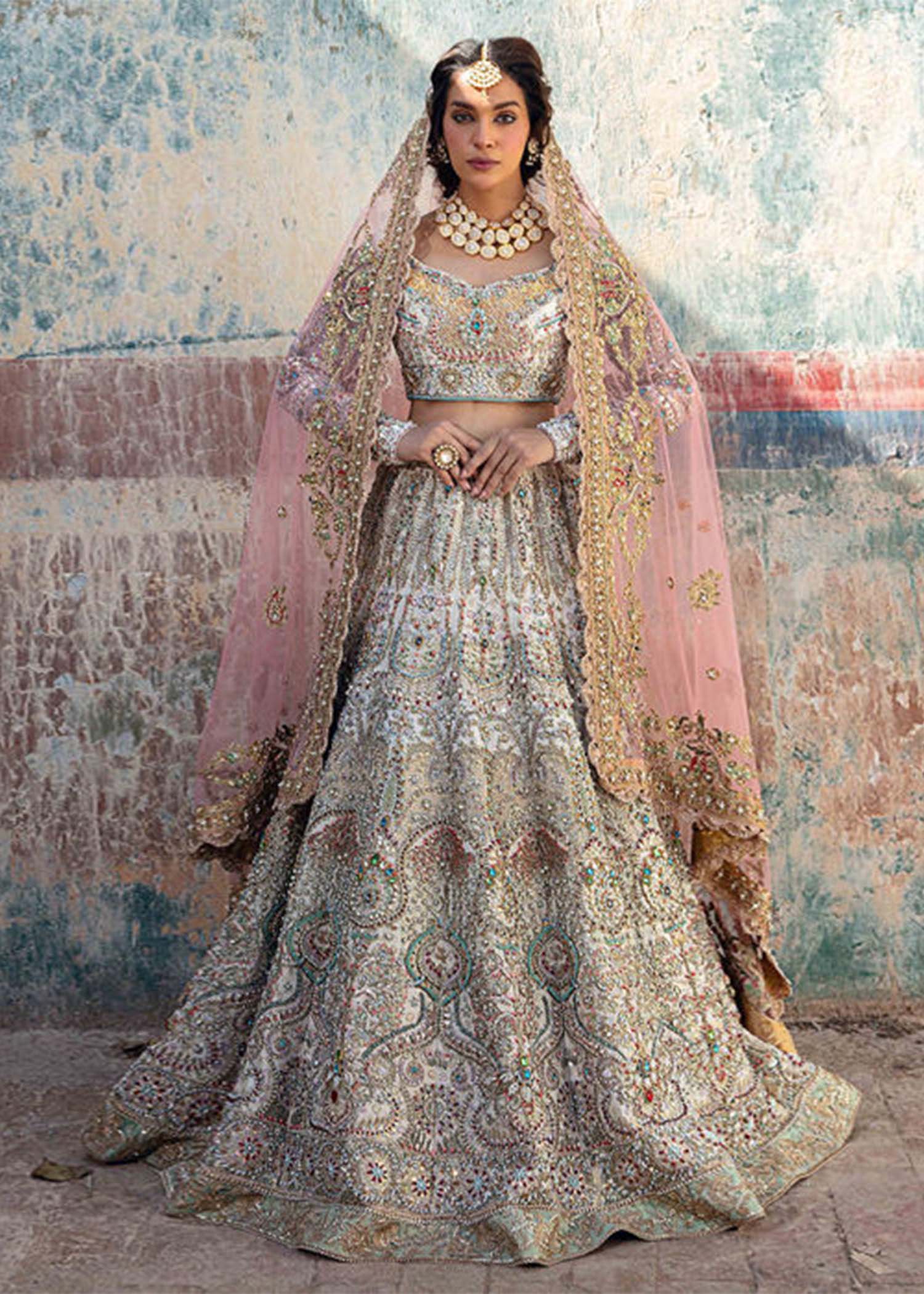 Pearl White Raw Silk Lehenga with Dual Dupatta Ensemble