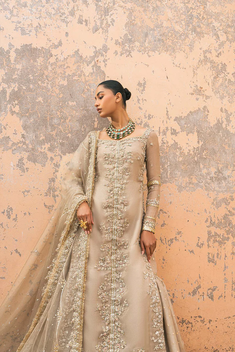 Metallic Taupe Embroidered Shirt and Gharara Set - Image 4