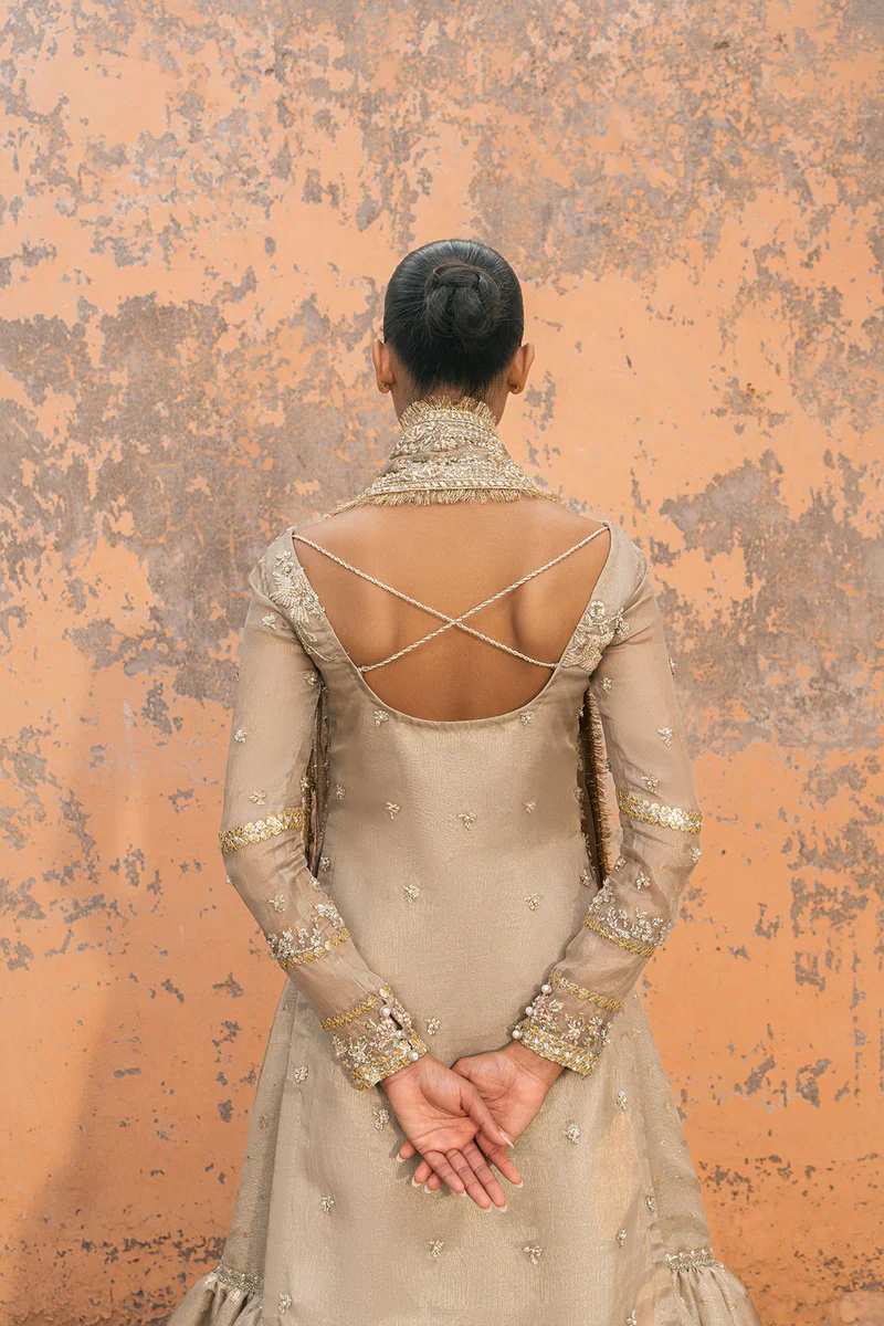 Metallic Taupe Embroidered Shirt and Gharara Set - Image 5