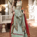 Pastel Mint Gold Bridal Anarkali Lehenga Ensemble