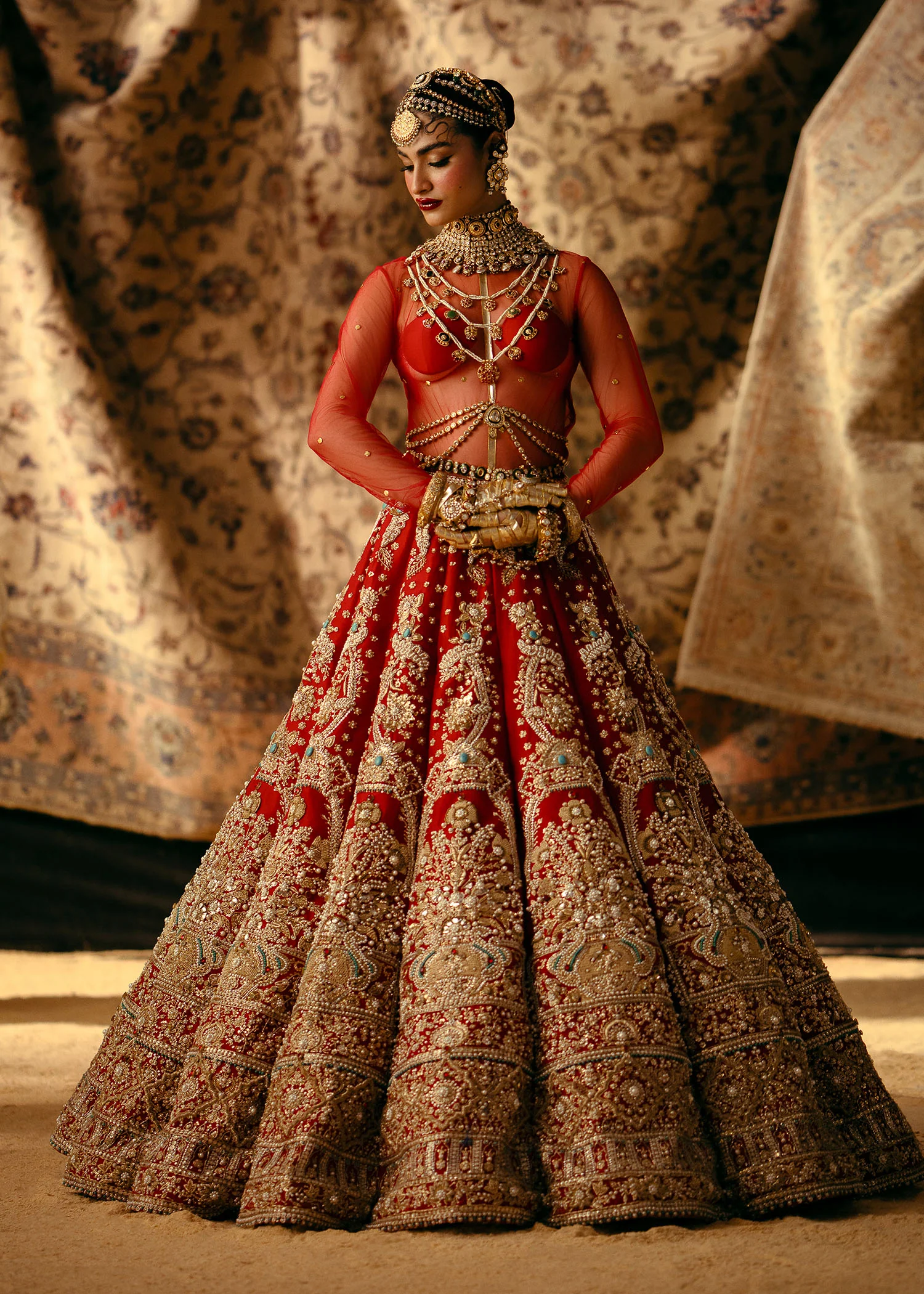 Ruby Red Raw Silk Lehenga Ensemble