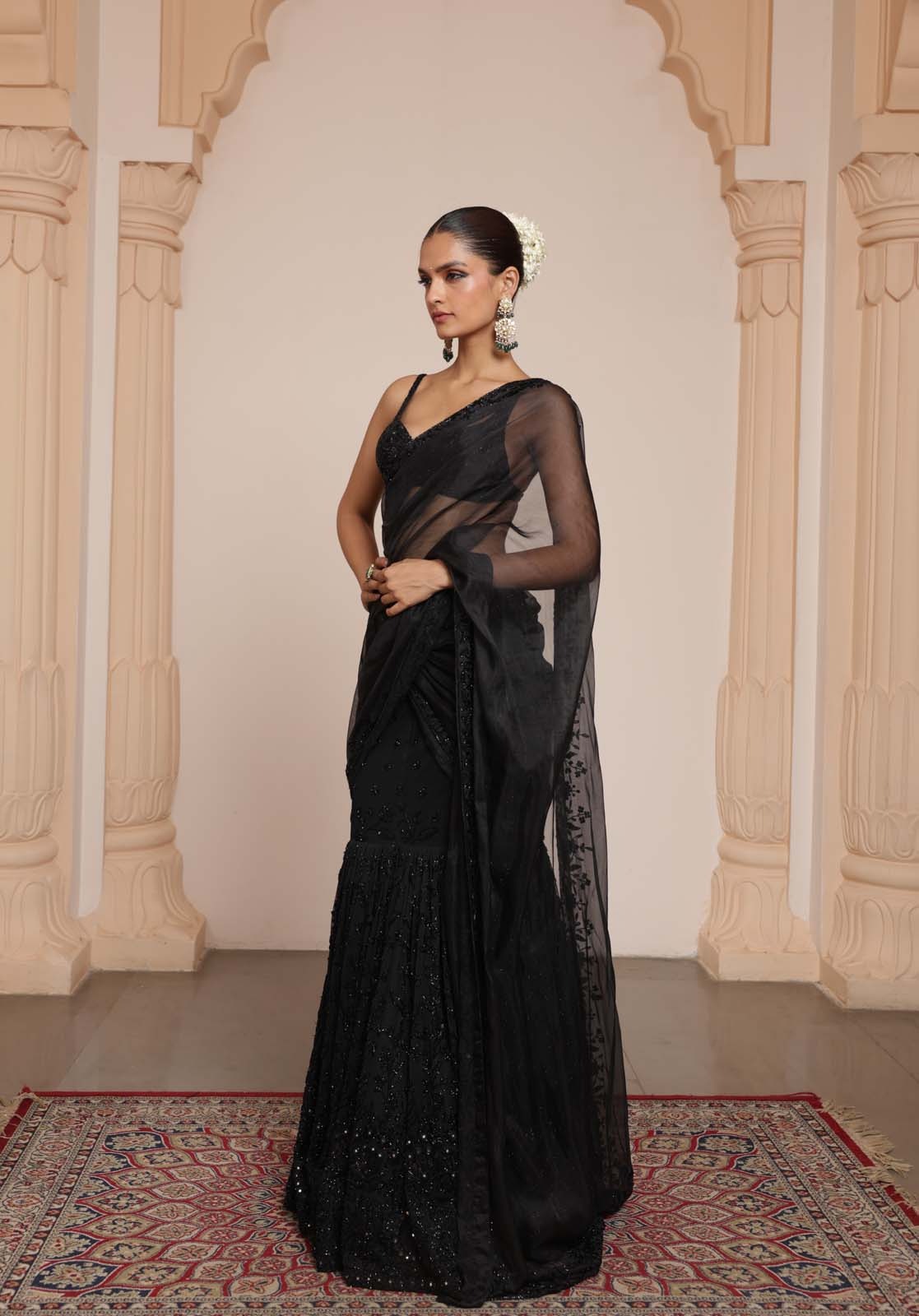 Midnight Noir Hand-Embroidered Sari Set - Image 4