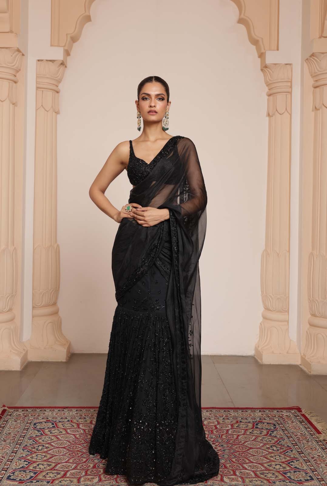 Midnight Noir Hand-Embroidered Sari Set