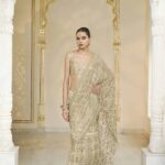 Golden Cream Tiered Ruffle Sari Set