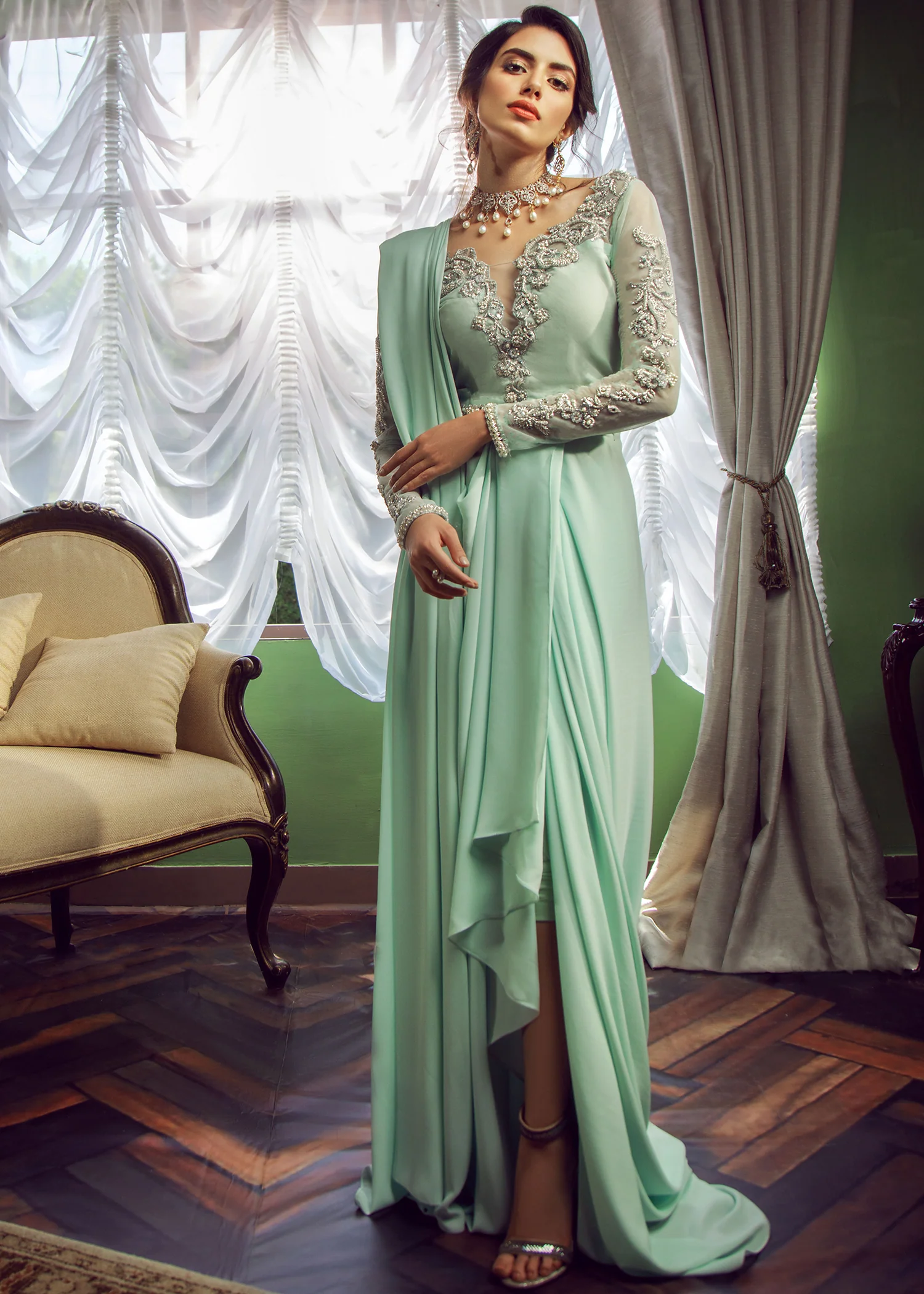 Mint Silk Blouse and Georgette Saree Set - Image 3
