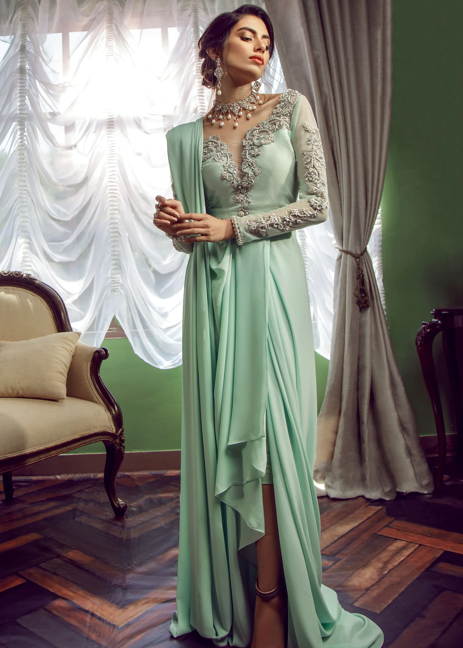 Mint Silk Blouse and Georgette Saree Set - Image 2