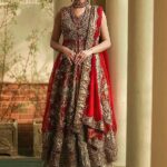 Maroon & Gold Bridal Pishwas Lehenga with Appliqué Dupatta