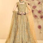 Gold Bridal Pishwas Lehenga with Appliqué Border Dupatta