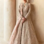 Onrique Peach Organza Gown with Ivory Raw Silk Lehenga Set