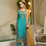 Turquoise Green Embroidered Gown Set