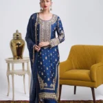 Teal Blue Sheesha Silk Embroidered Ensemble